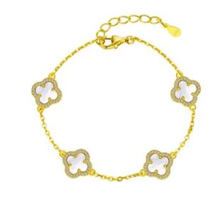 18k Gold .925 Sterling Silver Bracelet with 3 Pearl and Crystal Clovers